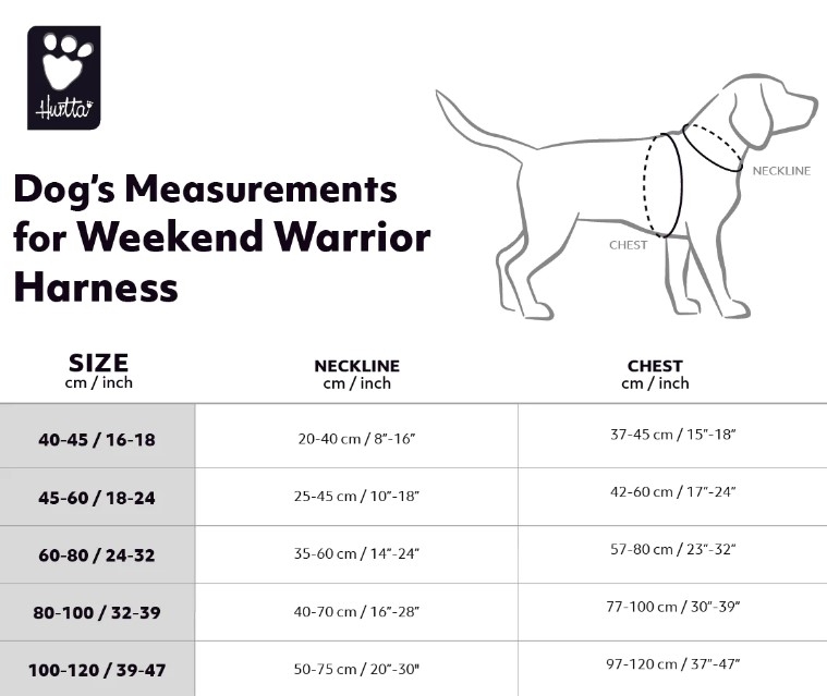Maattabel Hurtta Weekend Warrior Harness